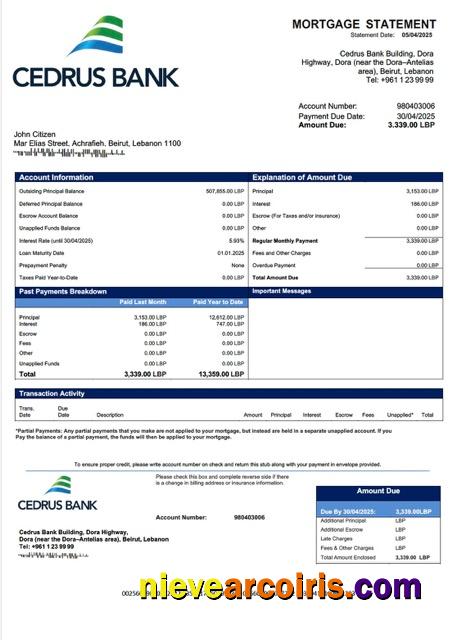 Lebanon Cedrus Bank mortgage statement Word and PDF template